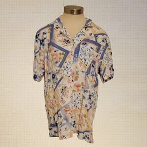 Floral Geometric Rayon Camp Shirt Alfred Dunner Blue Yellow Sz 14 Boxy Fit